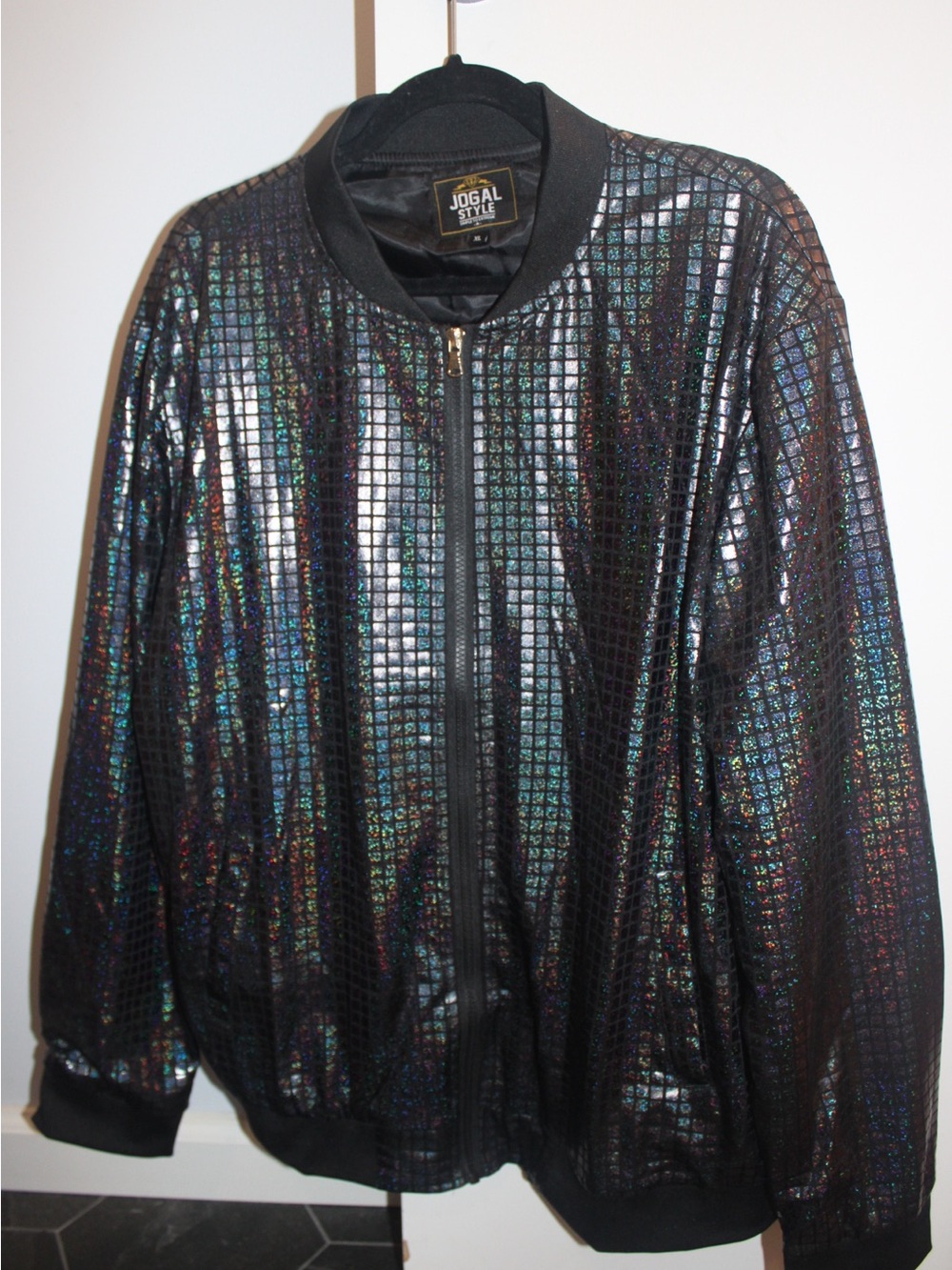 Jogal Style Iridescent Grid Bomber Jacket Black Holographic Mens 70s Disco Club